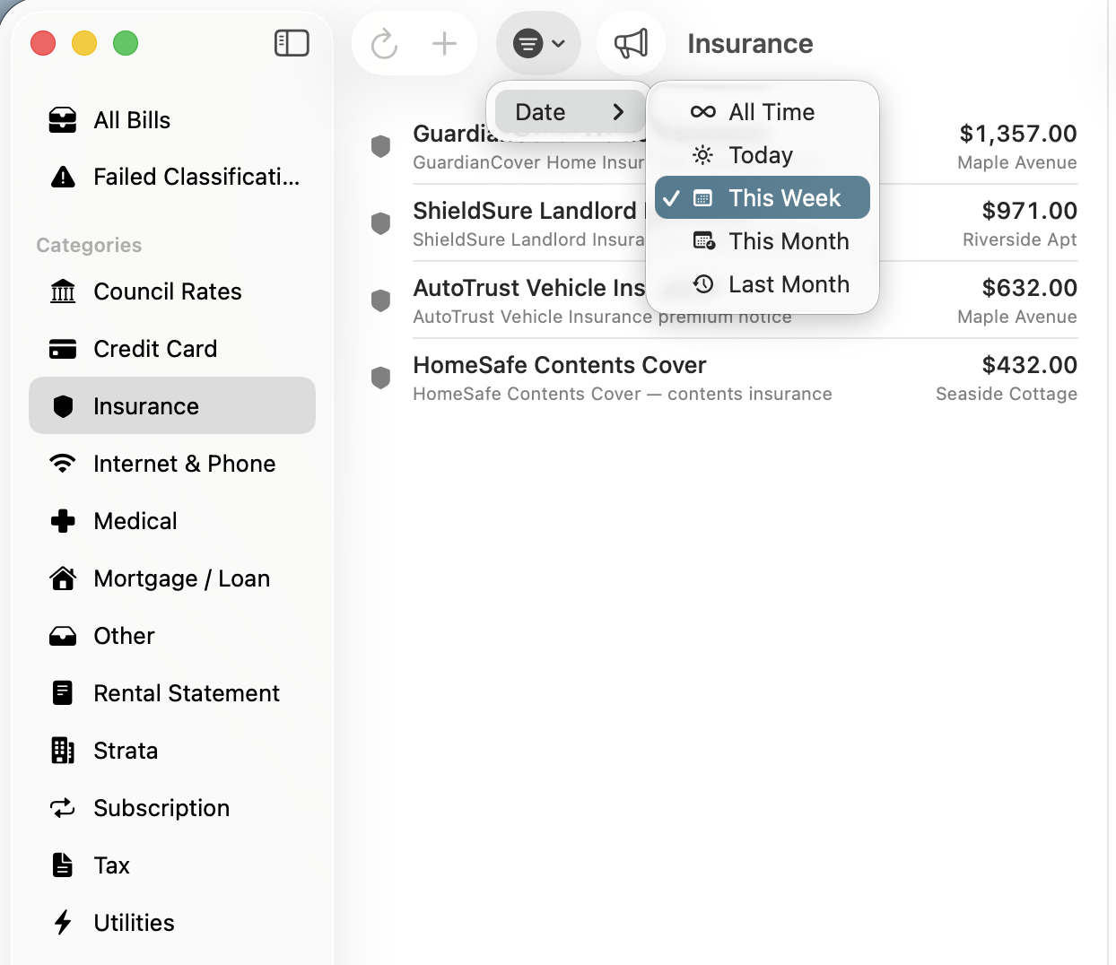 Insurance category filtered by date — showing This Week, Today, This Month, Last Month options