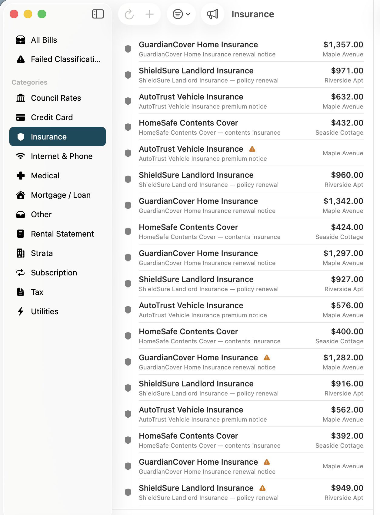 Insurance bills filtered and listed across properties with amounts and tax years