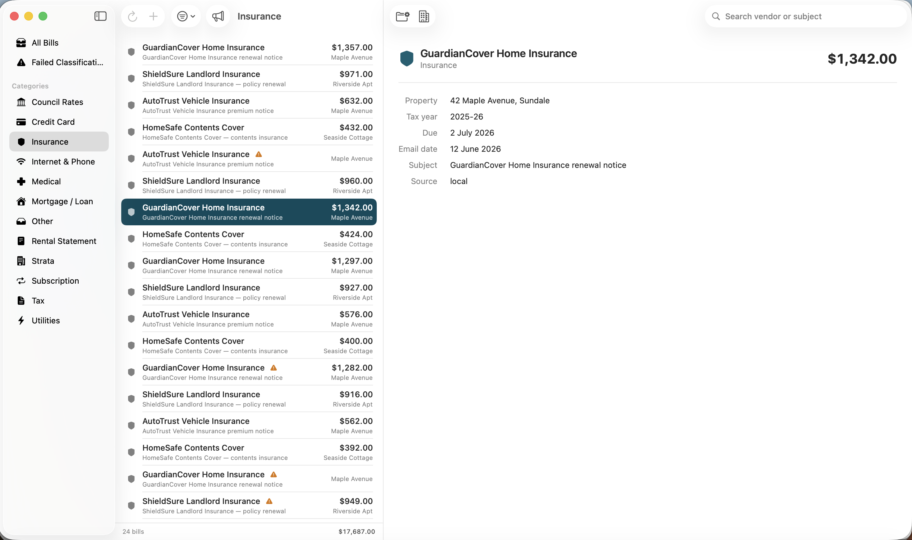 Insurance bill selected showing GuardianCover Home Insurance — $1,342.00, property, due date, and source