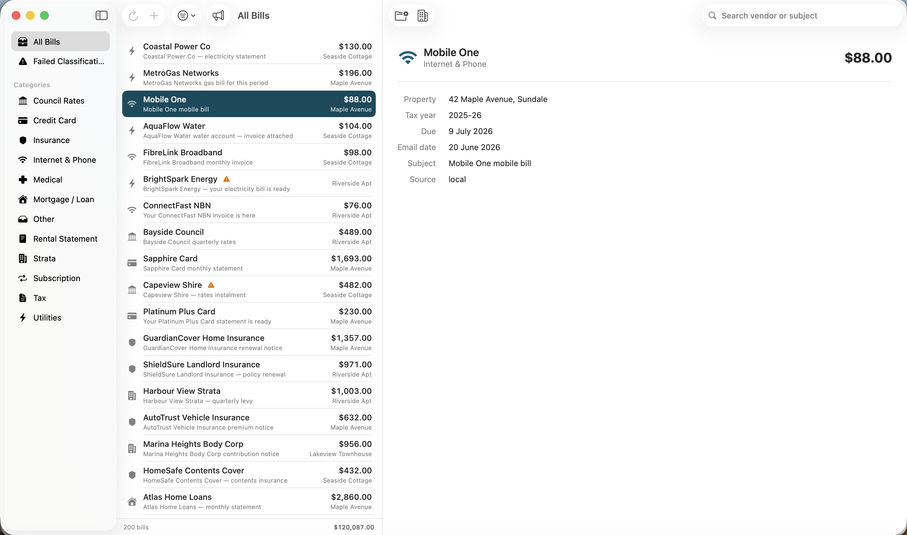 File My Bills — bill list with Mobile One selected, showing vendor, amount, property, due date and tax year