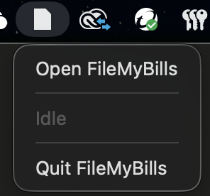 File My Bills menu bar icon with Open, Idle, and Quit options