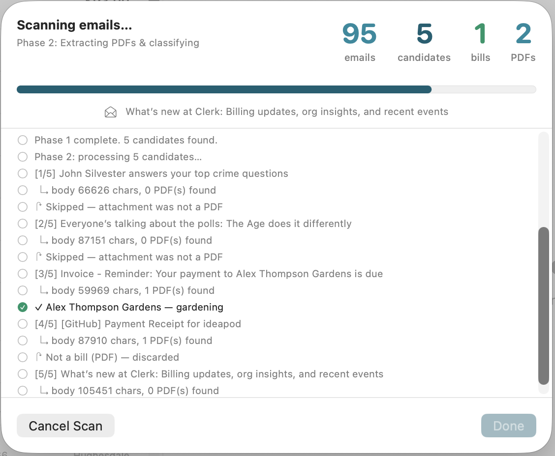 Scan progress — 95 emails scanned, 5 candidates, 1 bill classified, 2 PDFs filed