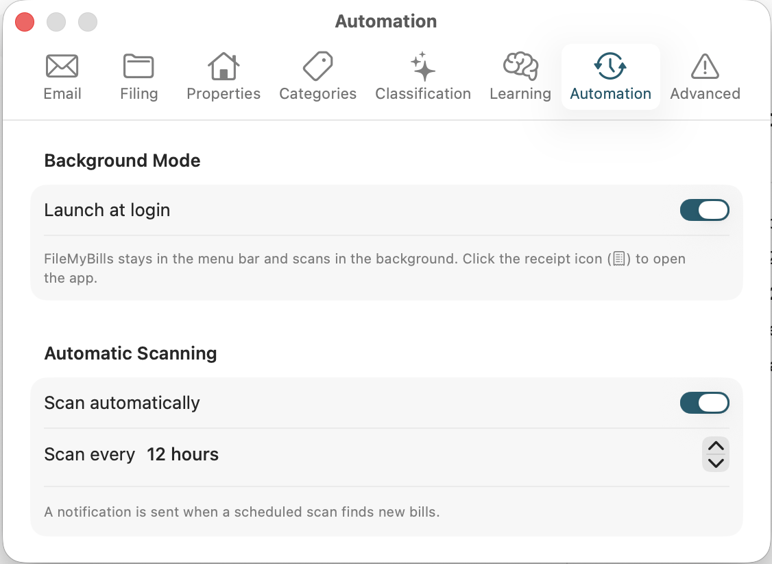 Automation settings — launch at login, scan automatically every 12 hours