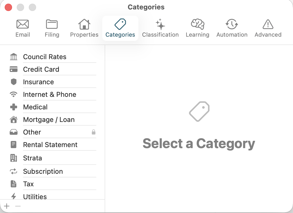 Categories settings listing all bill categories with icons