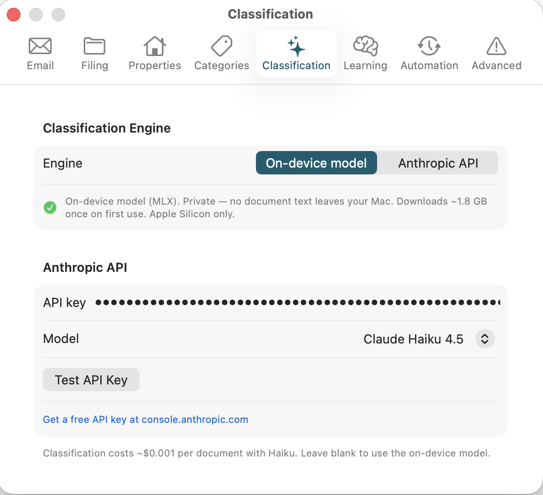 Classification settings — on-device model selected, Anthropic API optional