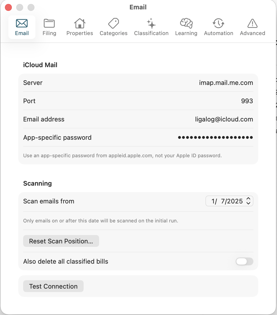 Email settings — iCloud Mail IMAP connection and scan start date