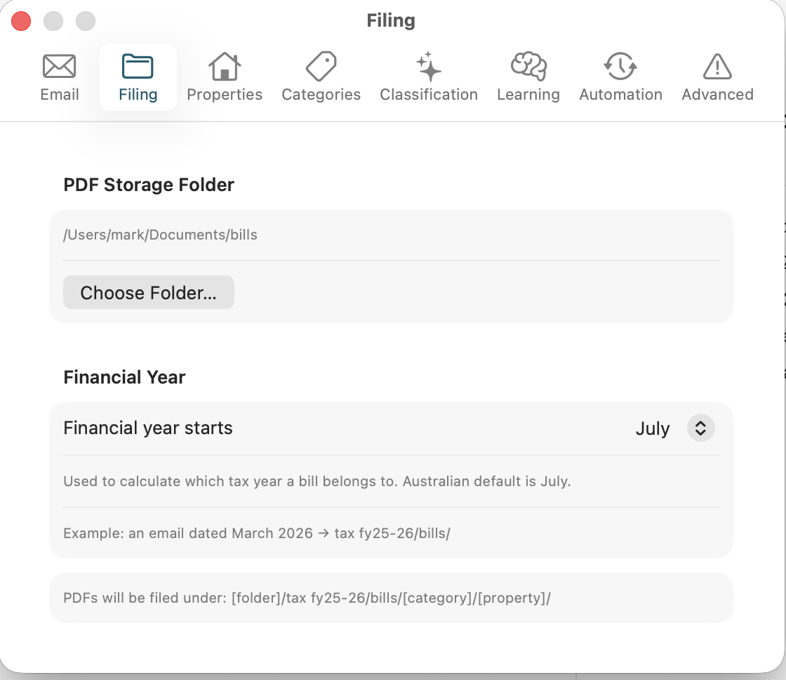 Filing settings showing folder location and financial year configuration