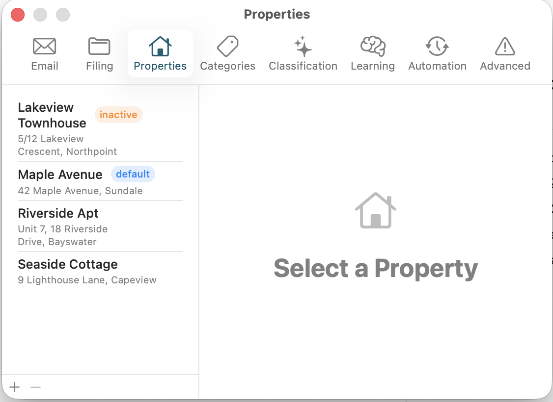 Properties settings listing Lakeview Townhouse, Maple Avenue, Riverside Apt, and Seaside Cottage